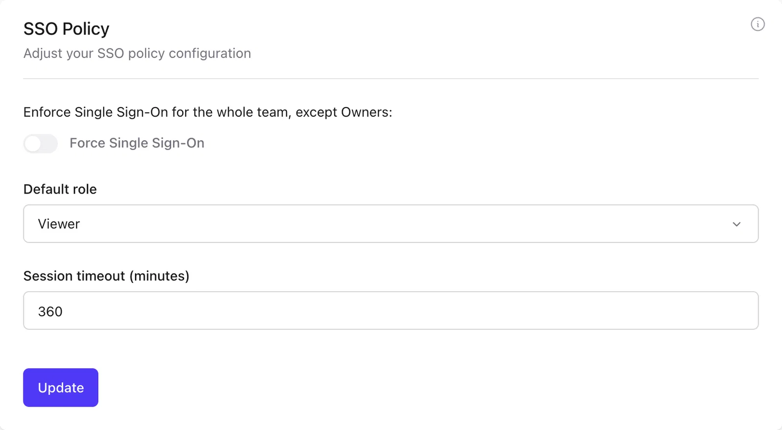 Plausible SSO policy controls for enforcement, default role and session timeout