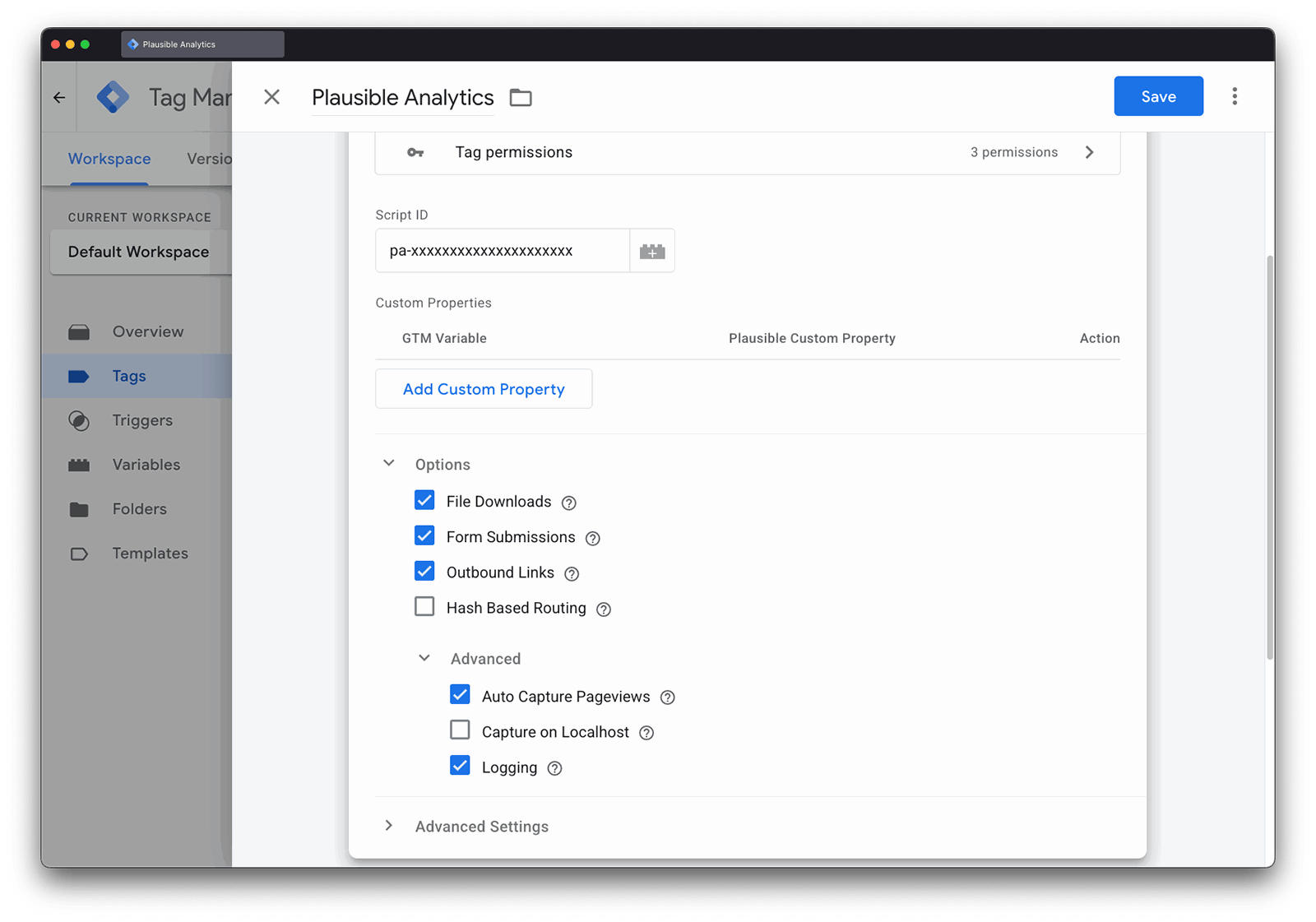 Plausible GTM Template New Tag Configuration options