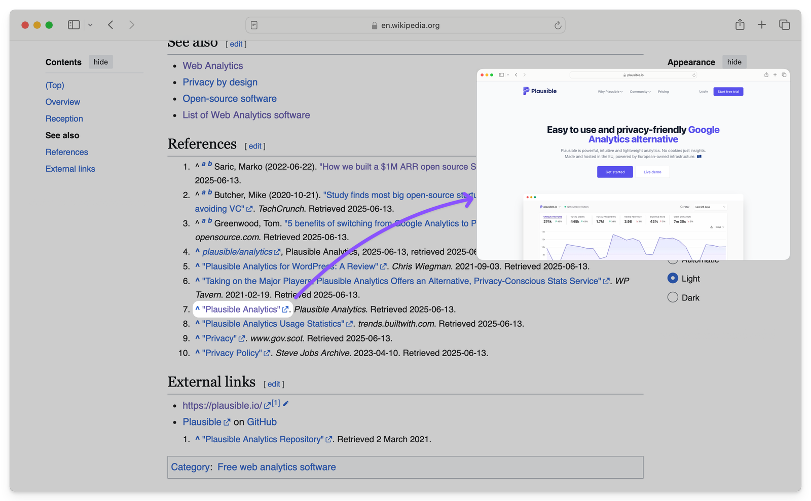 plausible analytics backlink from wikipedia